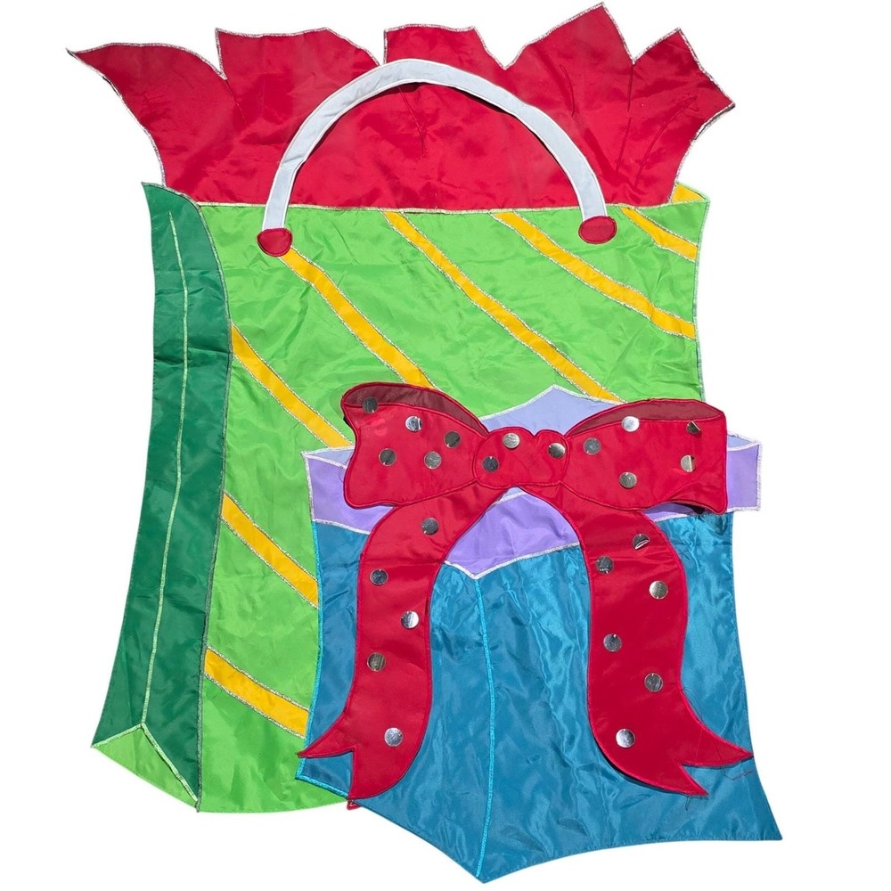Christmas Outdoor Flag decoration featuring a fabric gift bag present Vintage
